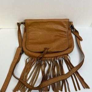 Lucky Brand Brown Leather Crossbody Bag with Flap Closure and Fringe